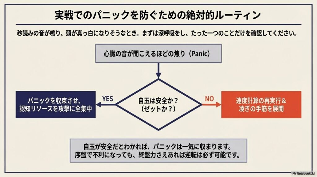 将棋の終盤の秒読みでパニックになった際に自玉の安全度（ゼット）を確認するフローチャート