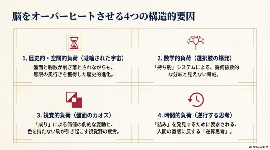将棋の難しさを作る歴史的・数学的・視覚的・時間的な4つの構造的要因