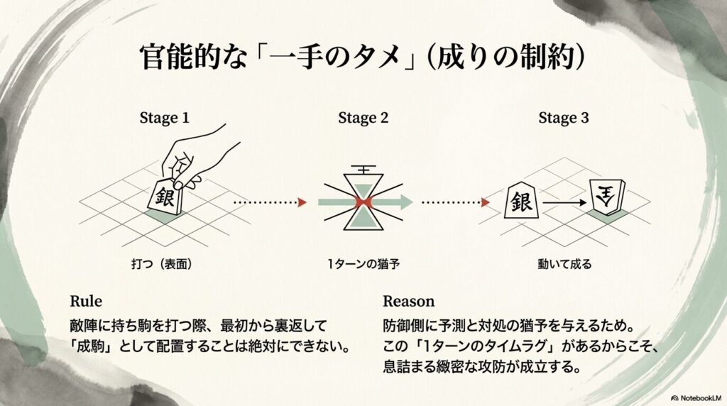 持ち駒の銀将を敵陣に打つ際、最初から成銀として配置できない1ターンの猶予のルール