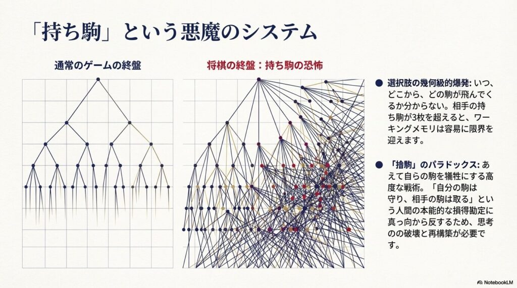 将棋の持ち駒ルールによる選択肢の幾何級数的な爆発を示すグラフ