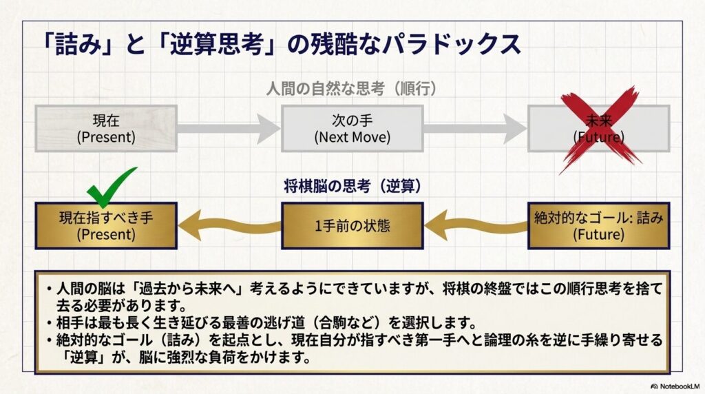将棋の詰みにおける未来からの逆算思考プロセス