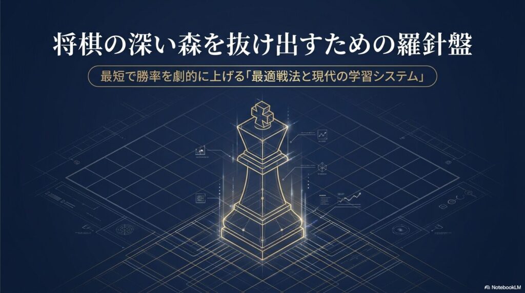 将棋の王将を中心に描かれた、おすすめ戦法と学習システムの羅針盤を示す青い設計図