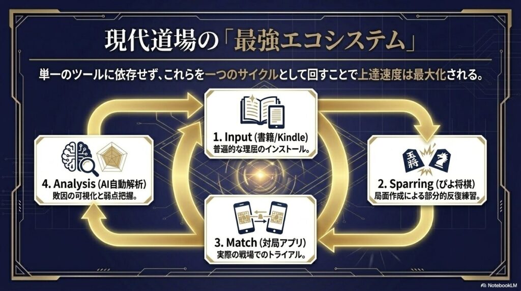 書籍でのインプット、ぴよ将棋でのスパーリング、対局アプリでの実践、AIによる自動解析が円環状に繋がった図