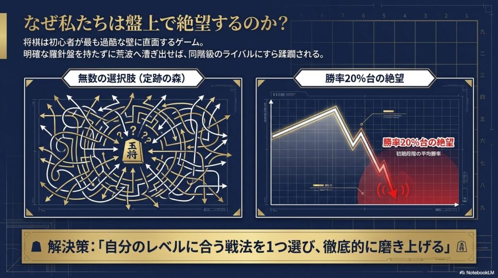 初心者が直面する定跡の森の無数の選択肢と、初期段階の平均勝率が20%台へ急落しているグラフ