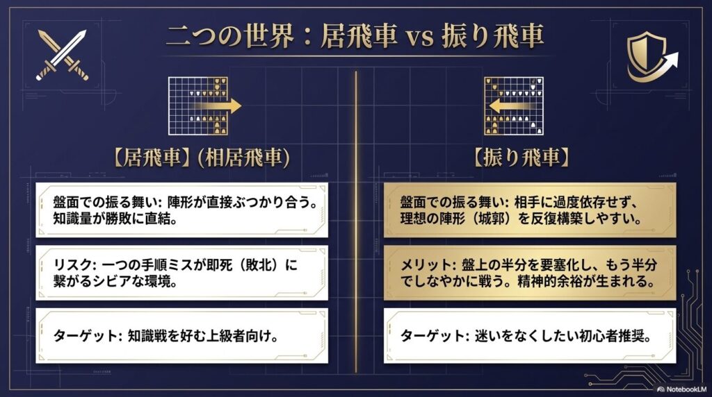 陣形が直接ぶつかり合う相居飛車と、盤面の半分に要塞を構築してしなやかに戦う振り飛車の盤面比較図
