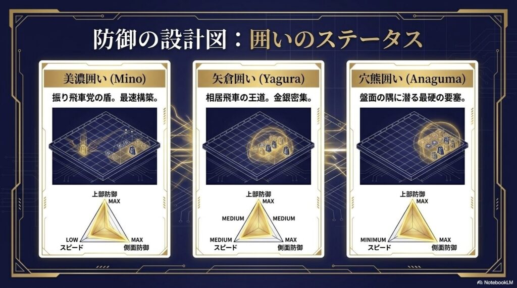 美濃囲い・矢倉囲い・穴熊囲いの3種類の防御力を、上部防御・側面防御・スピードで比較したレーダーチャート