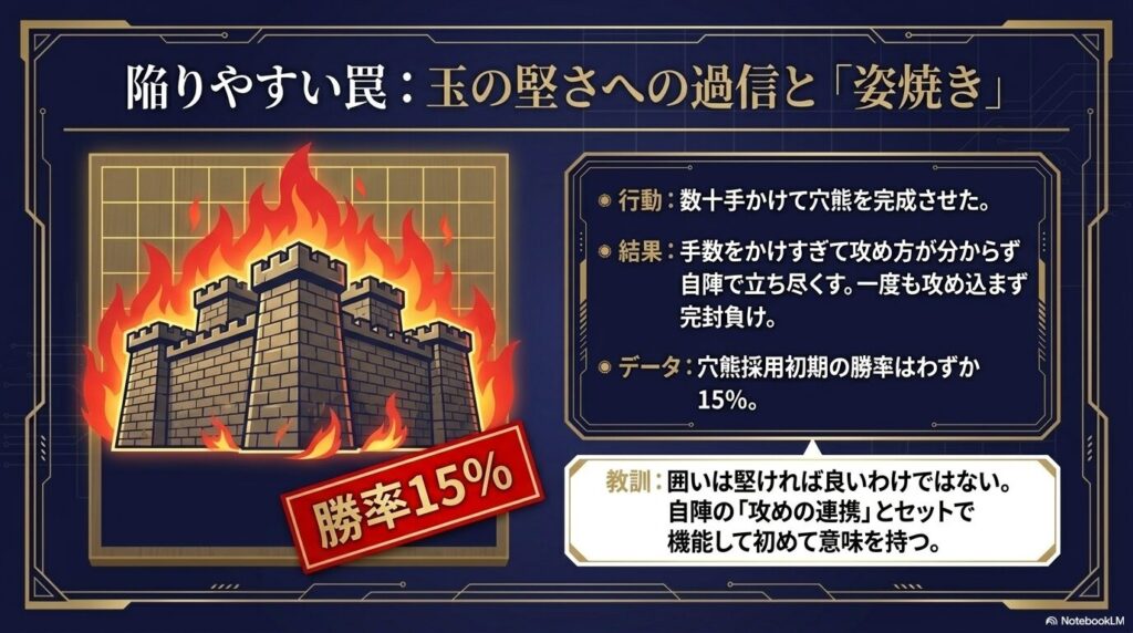穴熊囲いを完成させたものの、攻め方が分からずに自陣で立ち尽くし、完封負けを喫している状態を示す盤面図