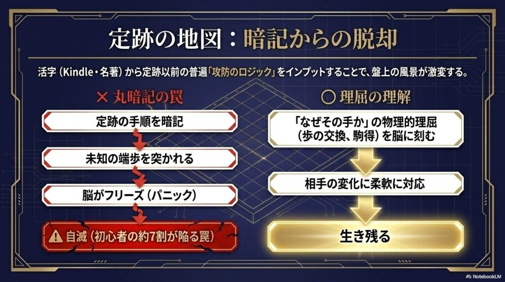 手順の丸暗記によって未知の変化で自滅するルートと、物理的な理屈を理解して生き残るルートのフローチャート