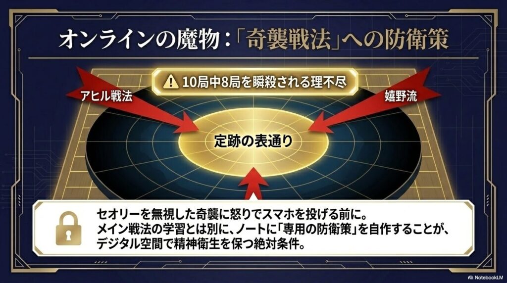 定跡の表通りから外れた場所から、アヒル戦法や嬉野流といった奇襲戦法の攻撃が飛んでくるイメージ図